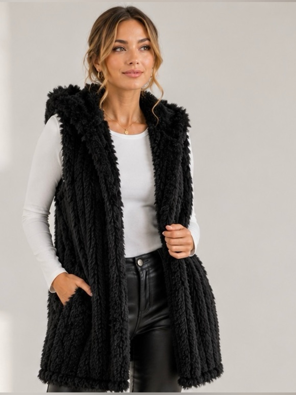 Kristen Blake Black Faux Fur Longline Hooded Vest